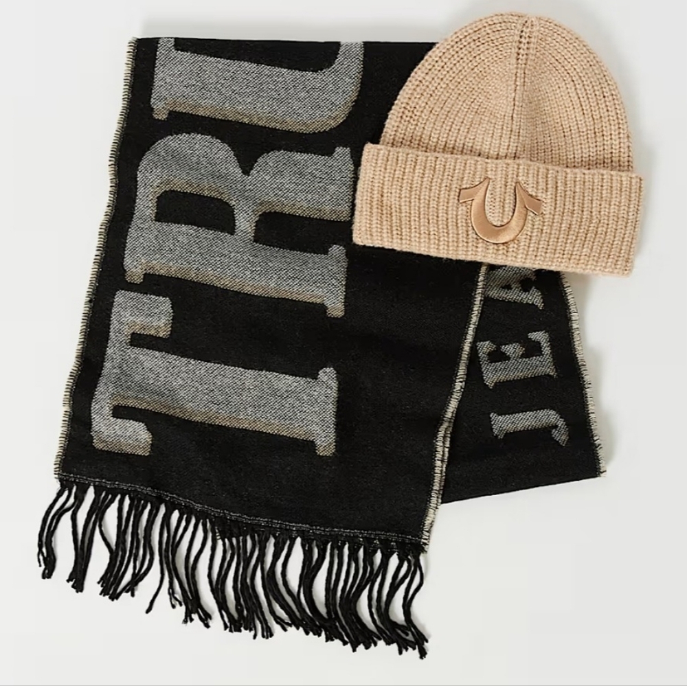 NWT True Religion Beanie Hat & Scarf Set Men's Accessories Cream Black Grey - Picture 3 of 9